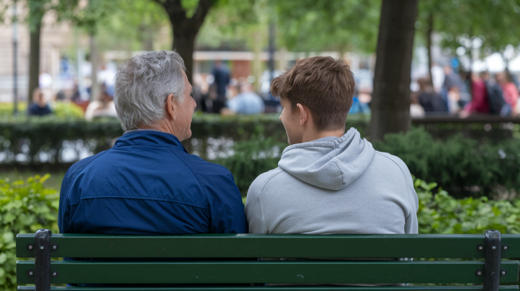 Photograph of a male adopter sitting next to his teenage son on a park bench. The view is from behind.